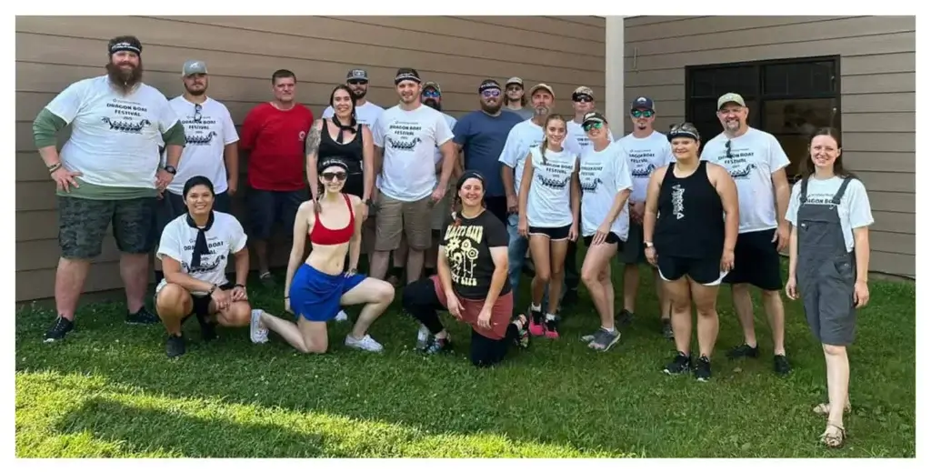 North Central WV Building Trades team celebrating victory at Vandalia Dragon Boat Festival.