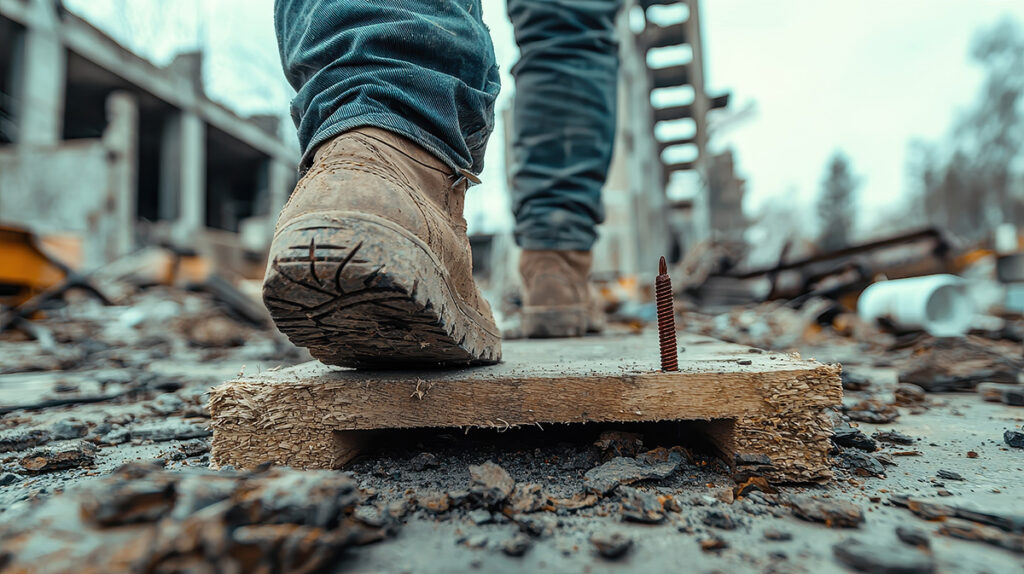 Construction worker walking over rusty material on a job site.
